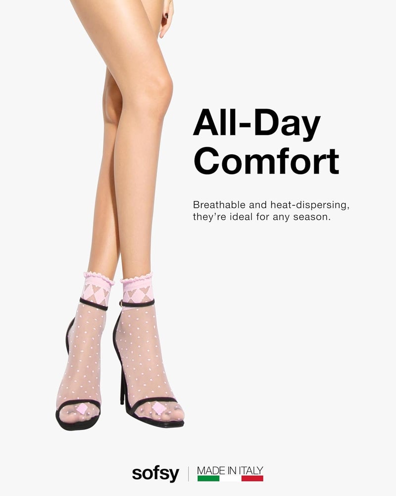 sofsy Italian Dotted Socks Collection (Ankle & Knee High) 20 Den Sheer Patterned Stockings with Ruffled Lace, Geometric Cuffs - Image 4
