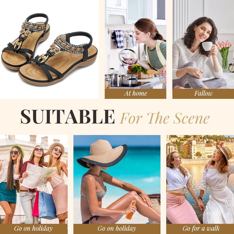 Littleplum Womens Sandals Arch Support Bohemian T-Strap Flower Rhinestone Sandals Women's Non Slip Summer Beach Flat Sandals Black Size 7 - Image 2