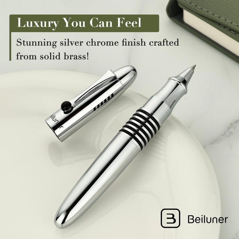 BEILUNER 320 Silver Chrome Rollerball - Stunning Luxury Pen with Chrome Finish, EDC, Heavy, Schmidt Black Ink Refill, Best Gift Set for Men & Women, Professional, Executive Office, Nice Classic Pens - Image 4