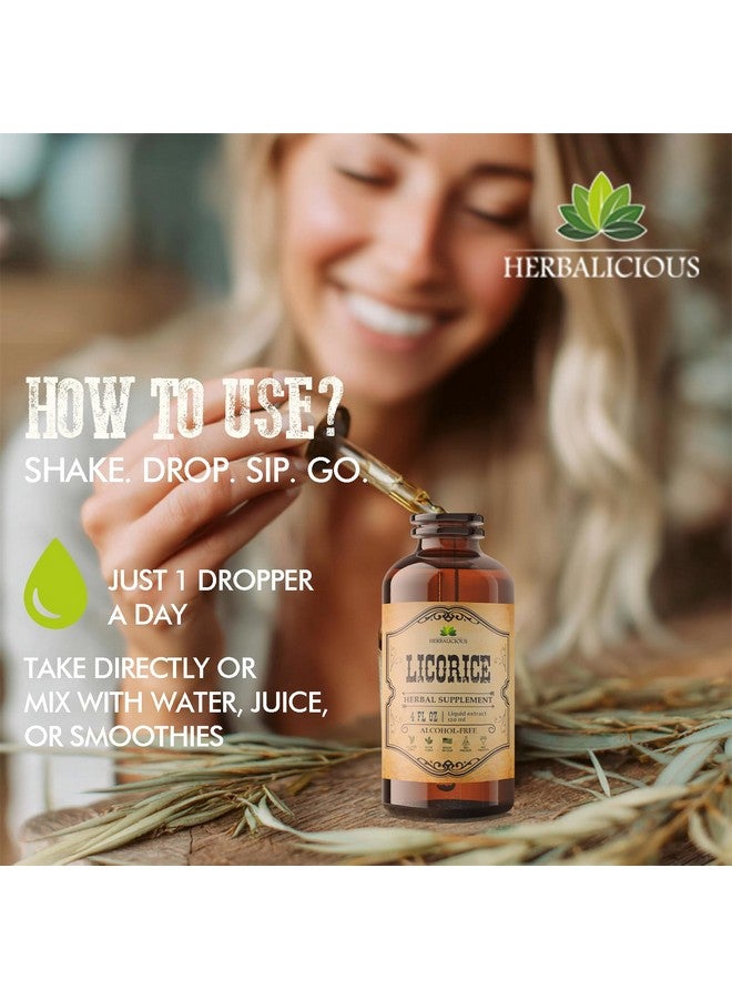 HERBALICIOUS مستخلص جذور العرقسوس HERBALICIOUS - مكمل سائل من جذور العرقسوس العضوي - غليسيرهيزا غلابرا النقية لدعم الجهاز الهضمي، التنفسي، الكظري والمناعي - 4 أونصات سائلة - نباتي، خالي من الكائنات المعدلة وراثيًا، خالي من الغلوتين - Image 3
