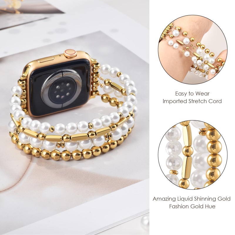 VISOOM Beaded Boho Bracelet Compatible For Apple Watch Bands 38/40/41/42mm Women - Stainless Steel Beaded Iwatch Bands For Gold Apple Watch Series 11/10/Se/9/8/7/6/5/4/3/2/1 Pearl Bracelet Band Cute - Image 2