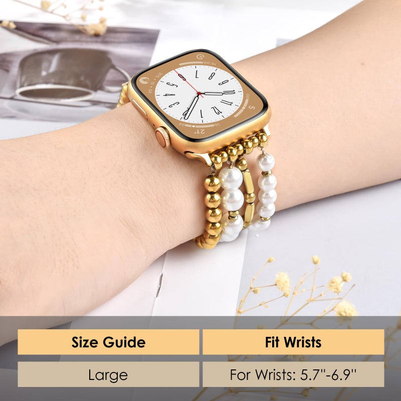 VISOOM Beaded Boho Bracelet Compatible For Apple Watch Bands 38/40/41/42mm Women - Stainless Steel Beaded Iwatch Bands For Gold Apple Watch Series 11/10/Se/9/8/7/6/5/4/3/2/1 Pearl Bracelet Band Cute - Image 3