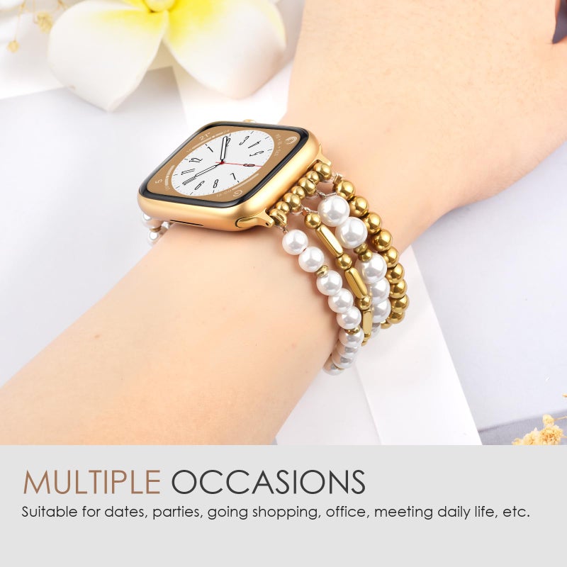 VISOOM Beaded Boho Bracelet Compatible For Apple Watch Bands 38/40/41/42mm Women - Stainless Steel Beaded Iwatch Bands For Gold Apple Watch Series 11/10/Se/9/8/7/6/5/4/3/2/1 Pearl Bracelet Band Cute - Image 5