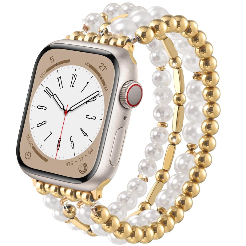 VISOOM Beaded Boho Bracelet Compatible For Apple Watch Bands 38/40/41/42mm Women - Stainless Steel Beaded Iwatch Bands For Gold Apple Watch Series 11/10/Se/9/8/7/6/5/4/3/2/1 Pearl Bracelet Band Cute - Image 1