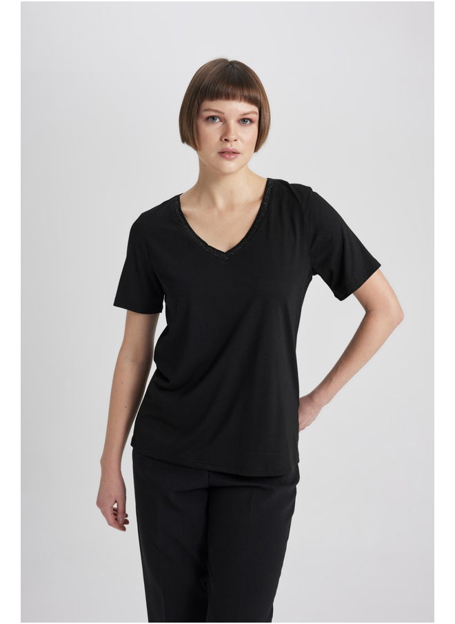 DeFacto - Woman Regular Fit V Neck Knitted Short Sleeve T-Shirt - Image 1