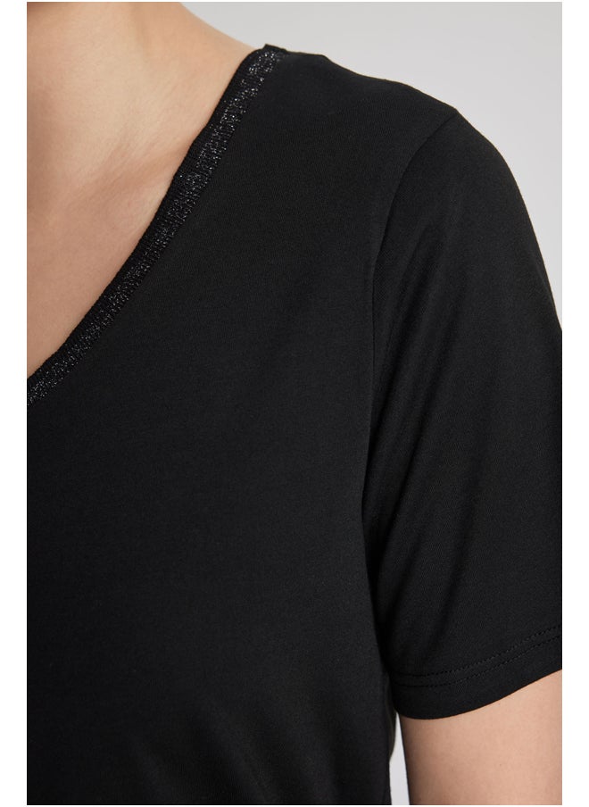DeFacto - Woman Regular Fit V Neck Knitted Short Sleeve T-Shirt - Image 1