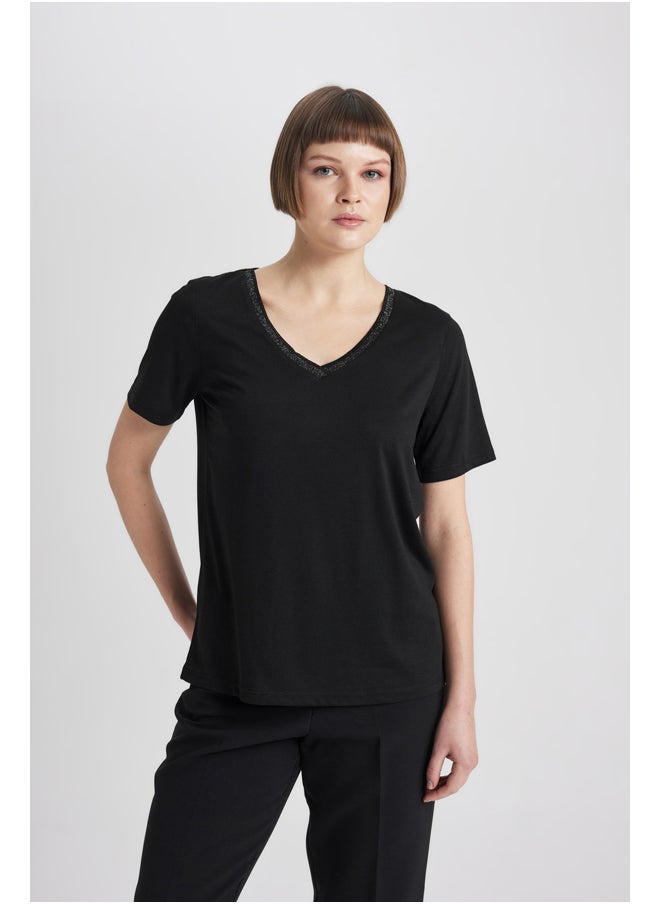 DeFacto - Woman Regular Fit V Neck Knitted Short Sleeve T-Shirt - Image 1