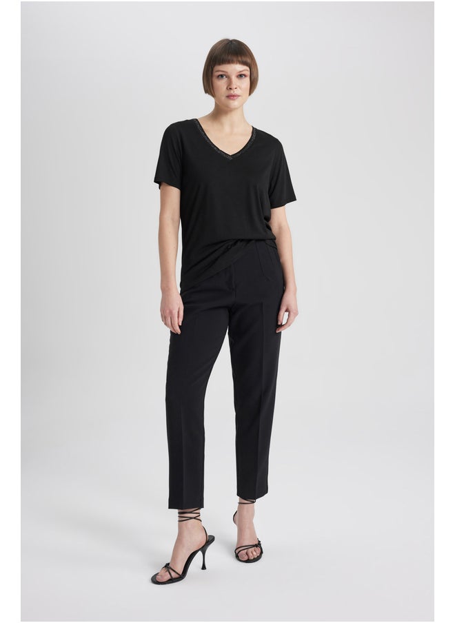DeFacto - Woman Regular Fit V Neck Knitted Short Sleeve T-Shirt - Image 1