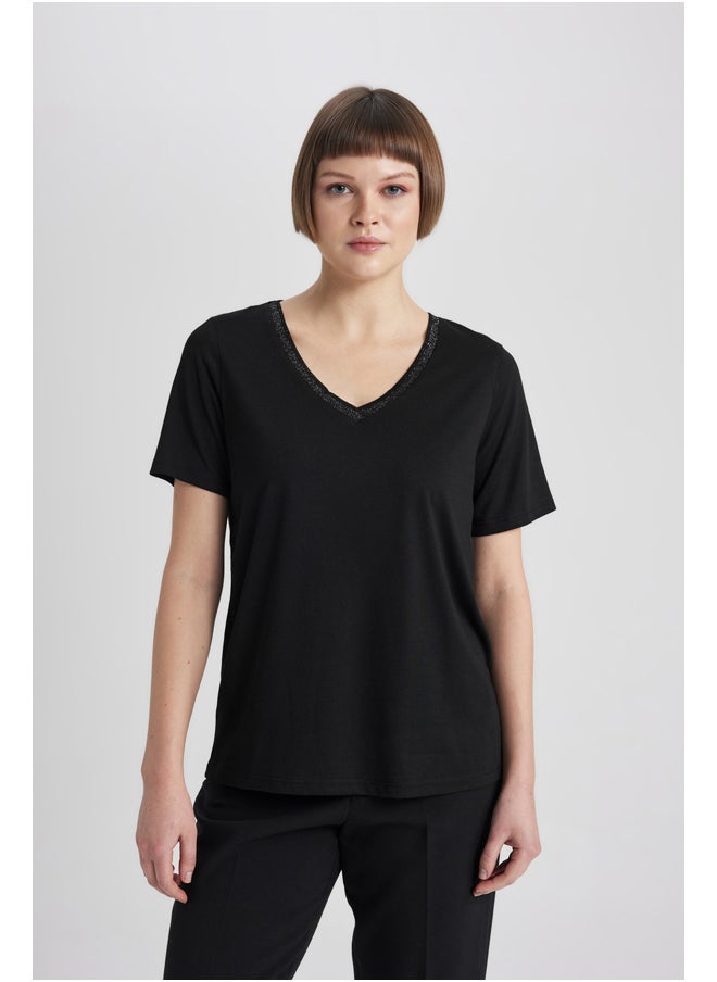 DeFacto - Woman Regular Fit V Neck Knitted Short Sleeve T-Shirt - Image 1