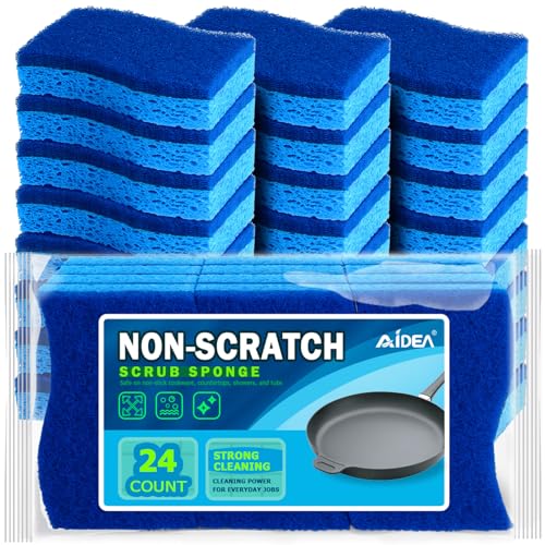 AIDEA Non Scratch Scrub Sponge 24Count Sponges for Dishes Sponges Kitchen Cleaning Sponge Cleans Fast Without Scratching Stands Up to Stuckon Grime Cleaning Power for Everyday Jobs