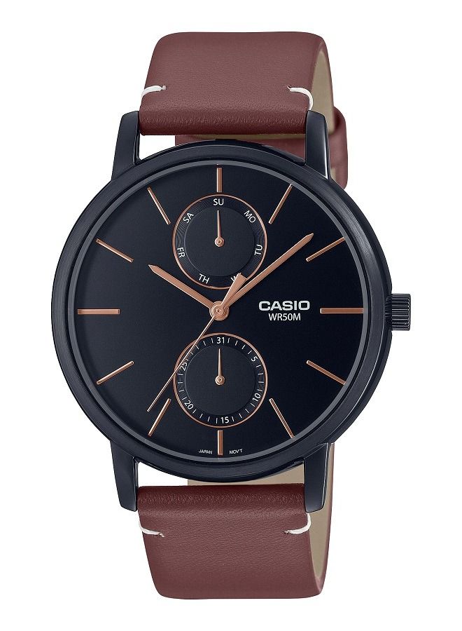 Casio Men Watch Analog Multi Hand Black Dial Leather Band Black Ion Plated Case MTP-B310BL-5AVDF. - Image 1