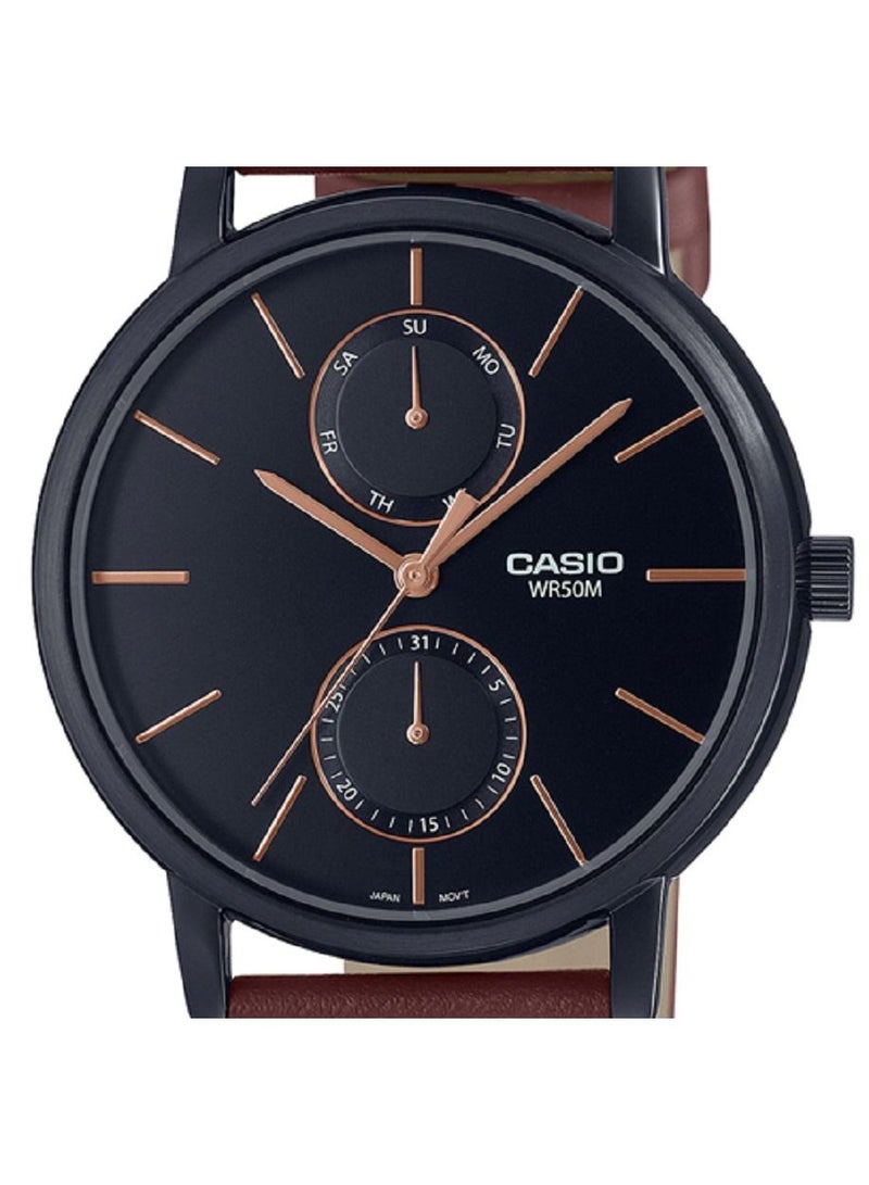 Casio Men Watch Analog Multi Hand Black Dial Leather Band Black Ion Plated Case MTP-B310BL-5AVDF. - Image 3