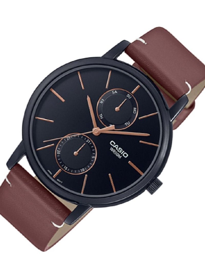 Casio Men Watch Analog Multi Hand Black Dial Leather Band Black Ion Plated Case MTP-B310BL-5AVDF. - Image 2