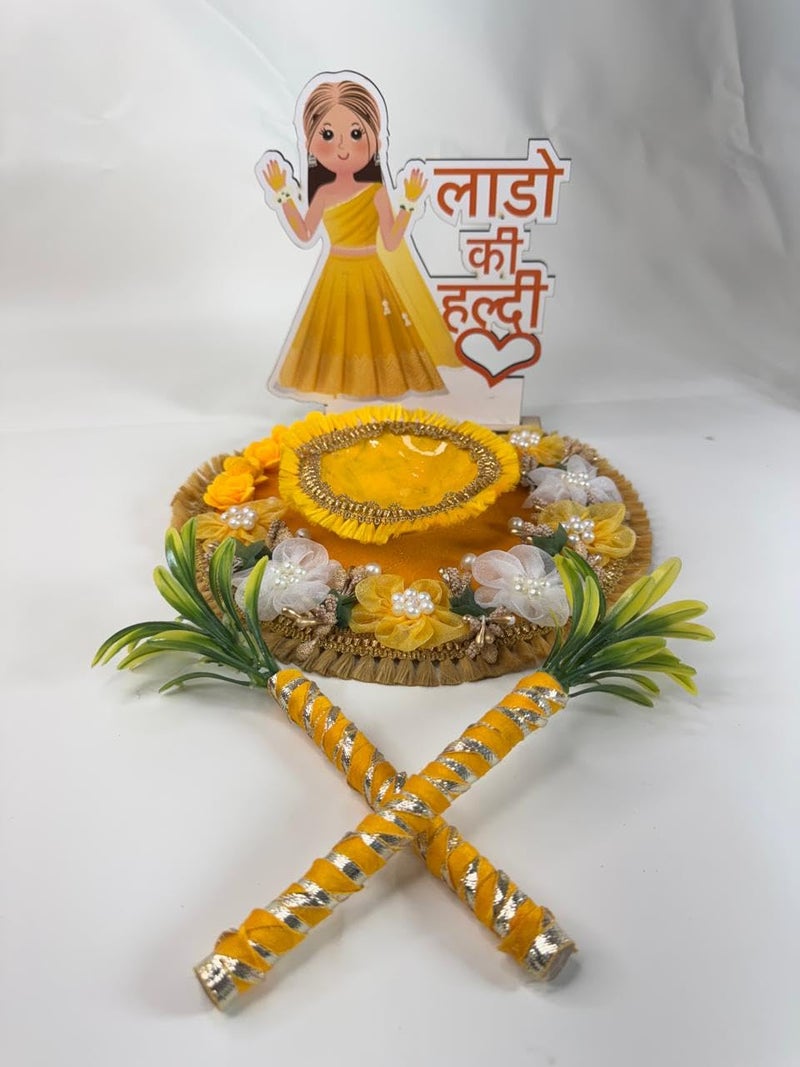 Sketchfab Laado Ki Haldi Platter | Handmade Haldi Ceremony Decoration Tray with Floral Decor & Stick Props – Yellow Bride Haldi Thali for Wedding, Mehendi & Pre-Wedding Celebrations - Image 3