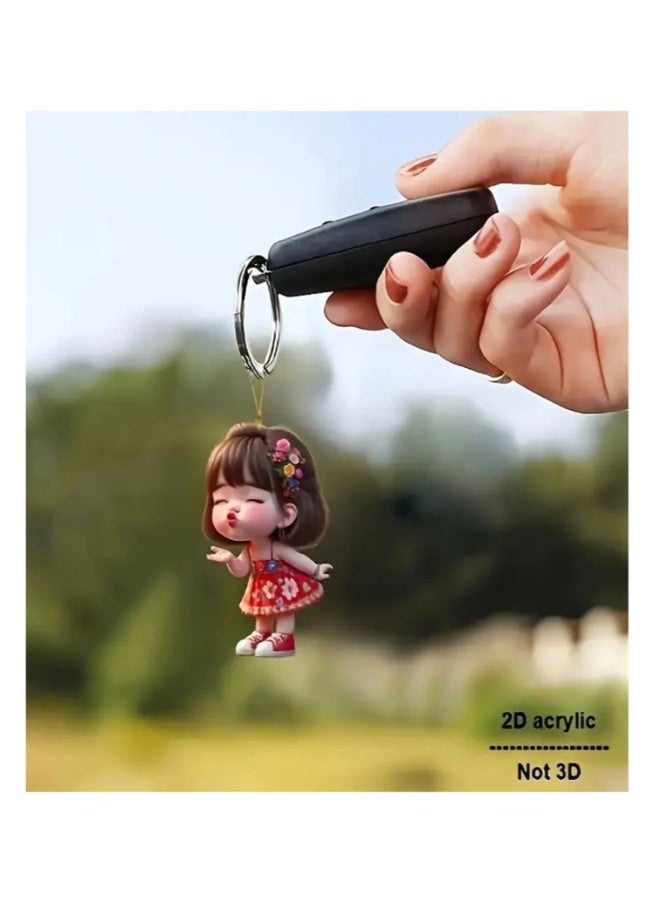 Cute Girl Car Mirror Hanging Ornament and Keychain - Waterproof 2D Acrylic Decoration to Add a Unique Touch to Your Car and Keys - Image 2