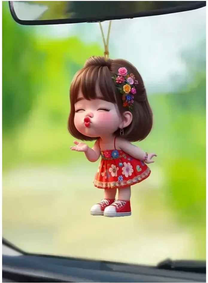 Cute Girl Car Mirror Hanging Ornament and Keychain - Waterproof 2D Acrylic Decoration to Add a Unique Touch to Your Car and Keys - Image 1