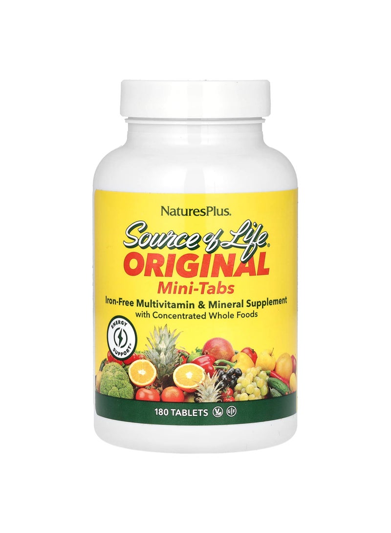 NaturesPlus Source of Life, Original Mini-Tabs, Multivitamin & Mineral Supplement with Concentrated Whole Foods, Iron-Free, 180 Tablets
