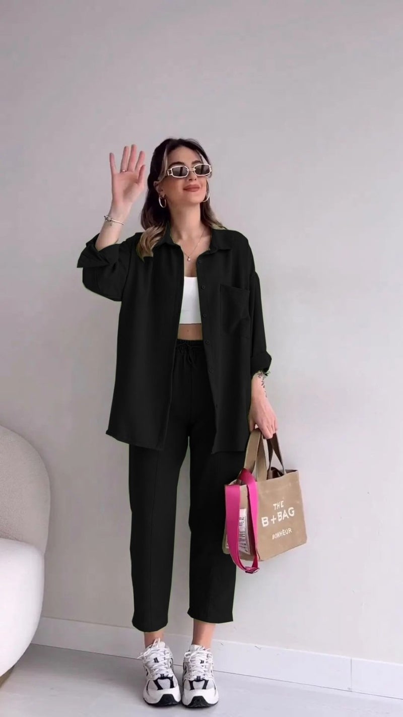 1Tarz 1Style Barbora Linen Casual Two Piece Suit Trousers Shirt MSLN21BLACK5 - Image 3