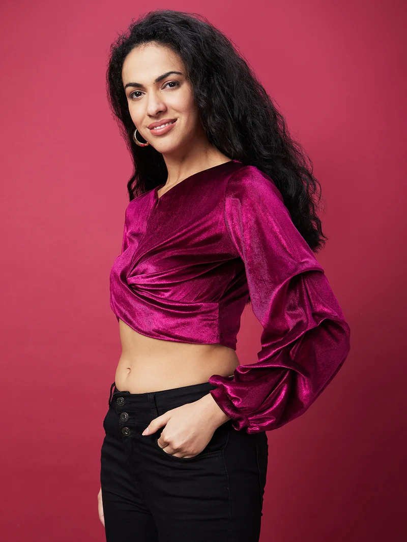 globus Globus Women Purple V-Neck Puff Sleeves Twisted Velvet Crop Top