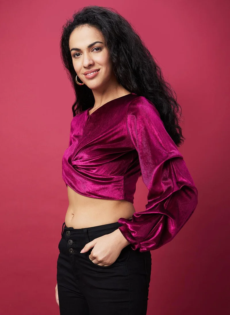 globus Globus Women Purple V-Neck Puff Sleeves Twisted Velvet Crop Top
