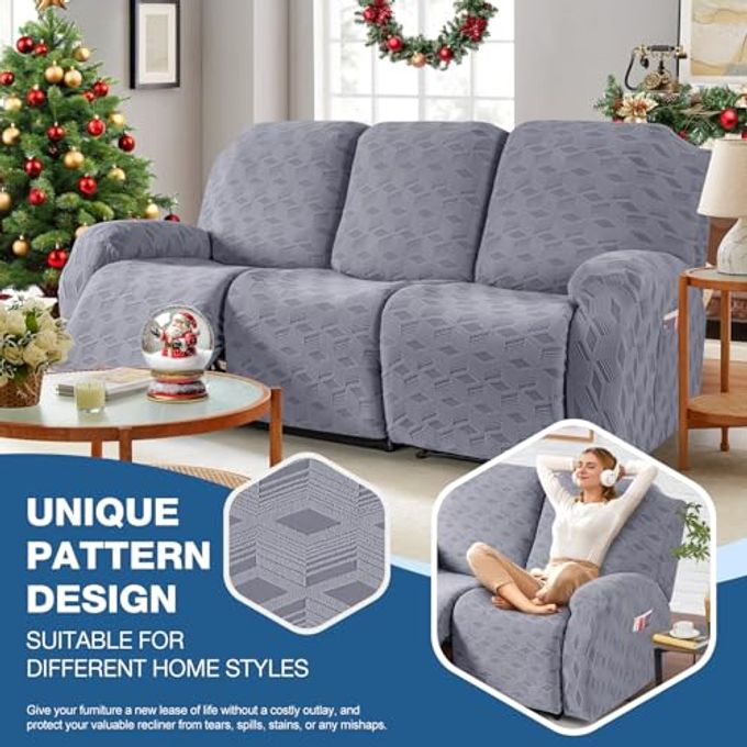 TAOCOCO Recliner Sofa Covers Stretch Reclining Couch Cover, Jacquard Recliner Couch Cover For 3 Seat Furniture Protector Sofa Slipcovers With Elastic Bottom For Kids, Pets (Grey) - Image 3