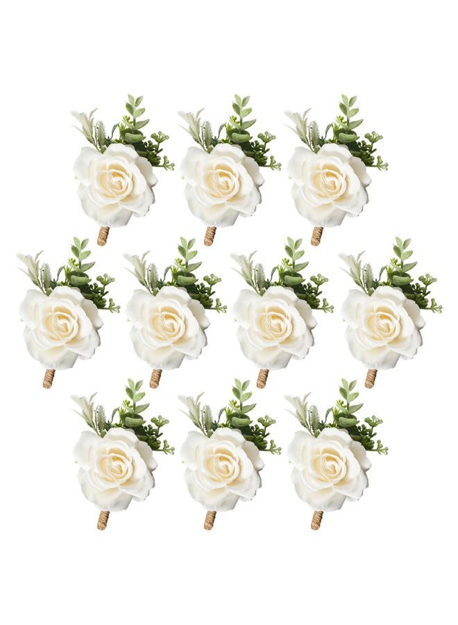 Gvhntk Ivory Rose Boutonniere for Men Wedding Set of 10 Groom Groomsmen Best Man Artificial Flowers Boutonniere for Wedding Ceremony Anniversary Prom Flowers Formal Dinner Party (10, White, Middle) - Image 1