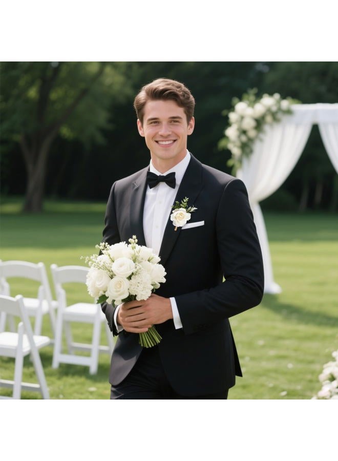 Gvhntk Ivory Rose Boutonniere for Men Wedding Set of 10 Groom Groomsmen Best Man Artificial Flowers Boutonniere for Wedding Ceremony Anniversary Prom Flowers Formal Dinner Party (10, White, Middle) - Image 2