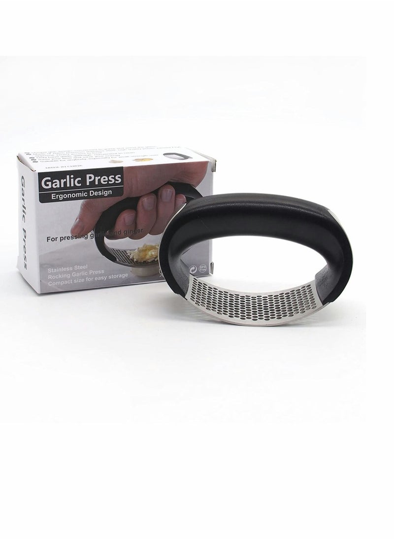 Y&D Stainless Steel Garlic Press Rocker Set - Premium Mincer With Silicone Peeler & Scraper Arc Shape Design Crusher Comfortable Grip (Black)  - Image 2