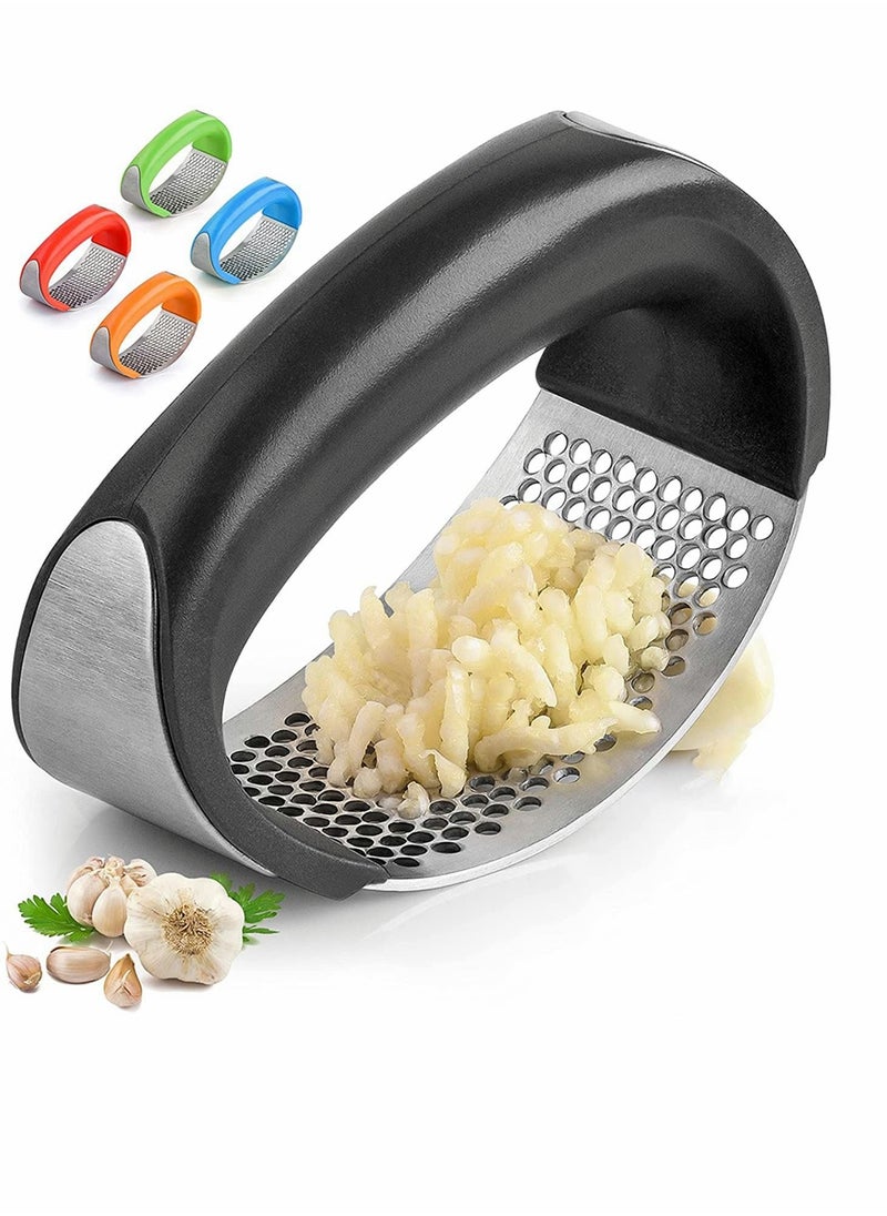 Y&D Stainless Steel Garlic Press Rocker Set - Premium Mincer With Silicone Peeler & Scraper Arc Shape Design Crusher Comfortable Grip (Black)  - Image 1