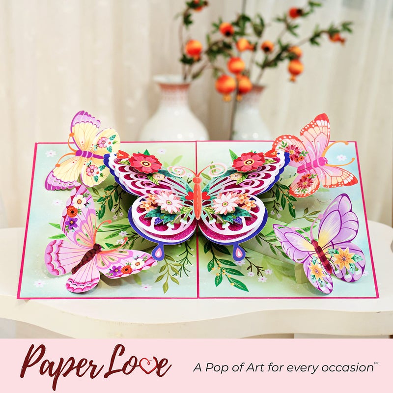 Paper Love 3D Floral Butterflies Pop Up Valentines Day Card, Jumbo Displayable Art, Gift for Valentines Day, Birthday, Wedding, Anniversary, Thank You, Get Well, All Occasion - 10" x 14" Cover - Includes Envelope and Note Card - Image 5