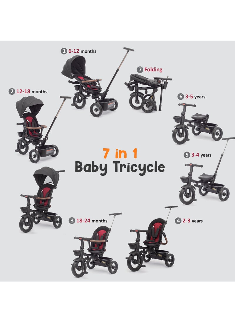 BAYBEE - Cozy 7 in 1 Convertible Baby Tricycle for Kids, Foldable Baby Kids Cycle with Parental Push Handle, Canopy, Rotatable Seat, Light, Safety Bar & Belt | Kids Tricycle Cycle for Kids 1.5 to 5 Years Pink - Image 1