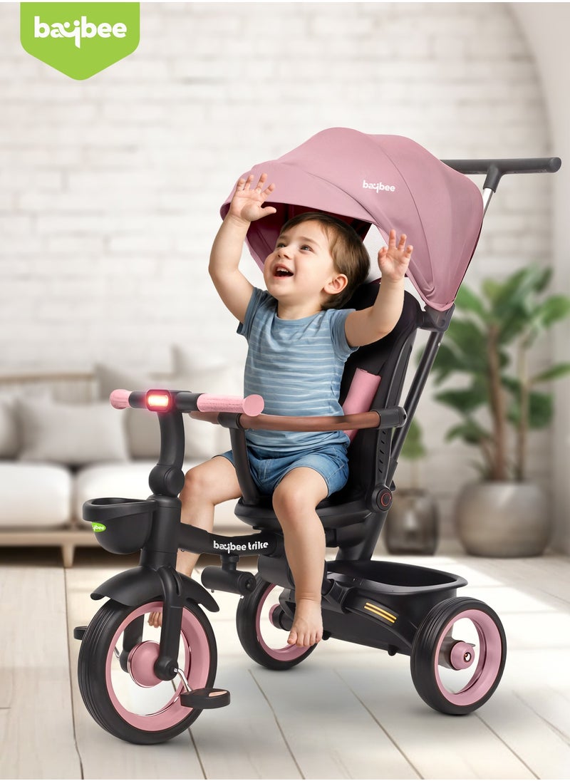 BAYBEE - Cozy 7 in 1 Convertible Baby Tricycle for Kids, Foldable Baby Kids Cycle with Parental Push Handle, Canopy, Rotatable Seat, Light, Safety Bar & Belt | Kids Tricycle Cycle for Kids 1.5 to 5 Years Pink - Image 1