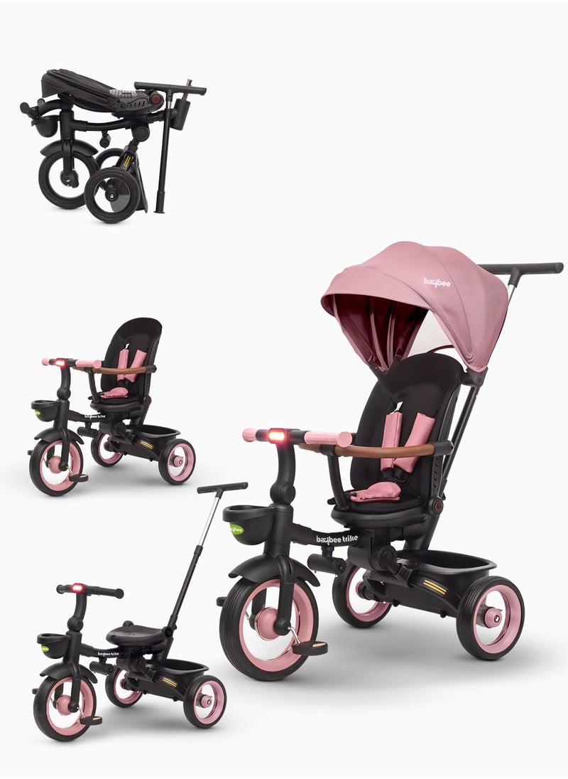BAYBEE - Cozy 7 in 1 Convertible Baby Tricycle for Kids, Foldable Baby Kids Cycle with Parental Push Handle, Canopy, Rotatable Seat, Light, Safety Bar & Belt | Kids Tricycle Cycle for Kids 1.5 to 5 Years Pink - Image 1