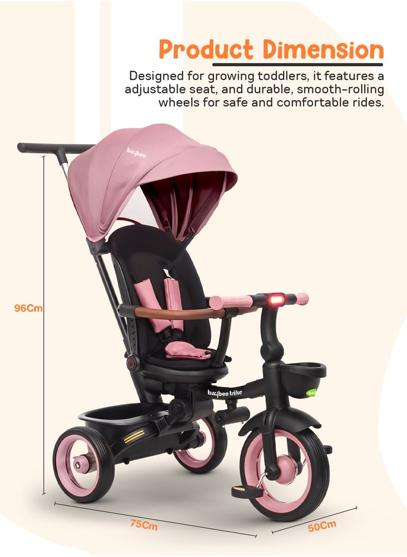 BAYBEE - Cozy 7 in 1 Convertible Baby Tricycle for Kids, Foldable Baby Kids Cycle with Parental Push Handle, Canopy, Rotatable Seat, Light, Safety Bar & Belt | Kids Tricycle Cycle for Kids 1.5 to 5 Years Pink - Image 1