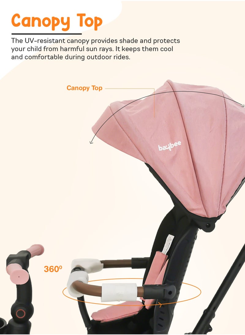 BAYBEE - Cozy 7 in 1 Convertible Baby Tricycle for Kids, Foldable Baby Kids Cycle with Parental Push Handle, Canopy, Rotatable Seat, Light, Safety Bar & Belt | Kids Tricycle Cycle for Kids 1.5 to 5 Years Pink - Image 1