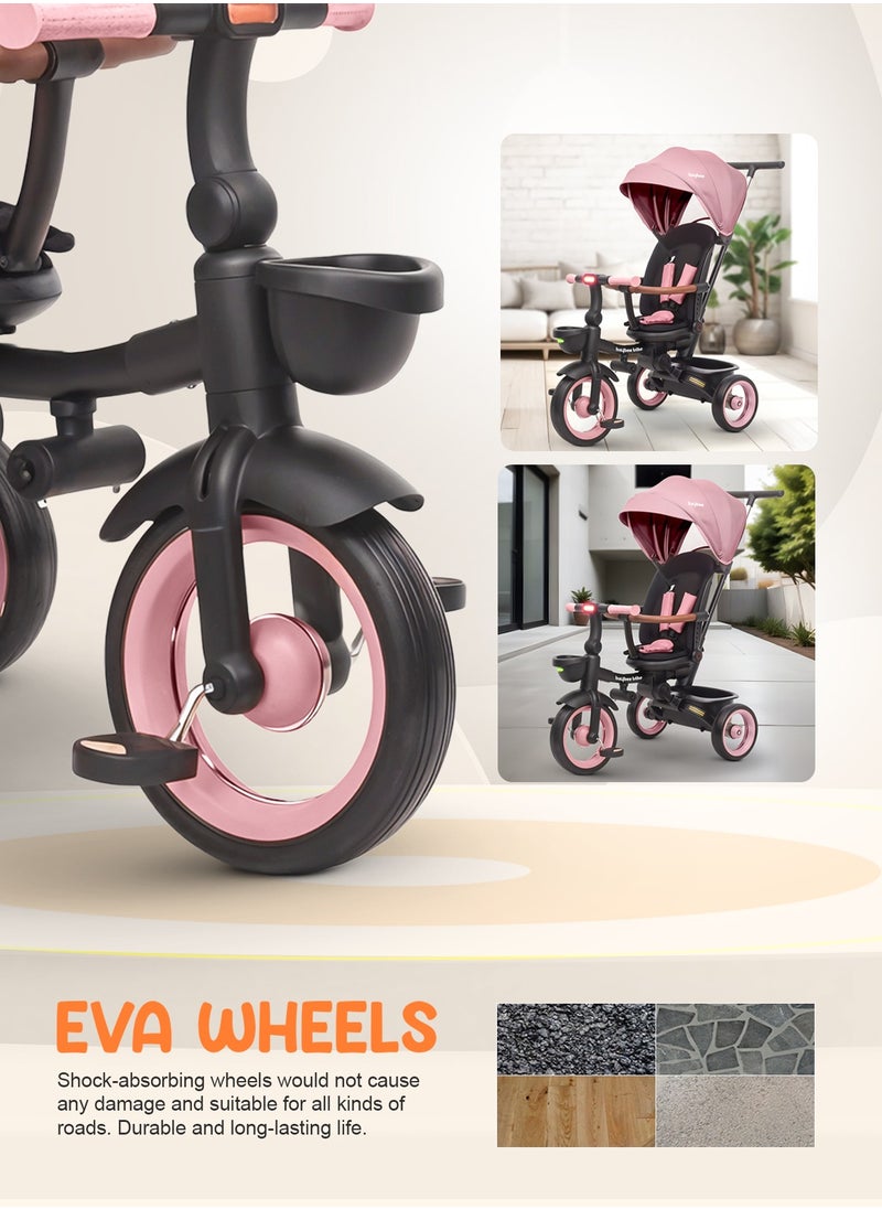 BAYBEE - Cozy 7 in 1 Convertible Baby Tricycle for Kids, Foldable Baby Kids Cycle with Parental Push Handle, Canopy, Rotatable Seat, Light, Safety Bar & Belt | Kids Tricycle Cycle for Kids 1.5 to 5 Years Pink - Image 1