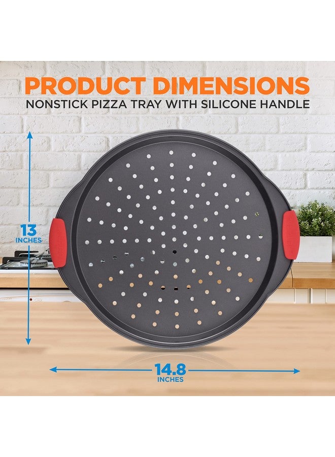 NutriChef 13-Inch Nonstick Pizza Tray - Round Carbon Steel Non-Stick Pizza Baking Pan with Perforated Holes, Premium Bakeware Pizza Screen with Silicone Grip Handles, Dishwasher Safe - NCBPIZ1 - Image 2