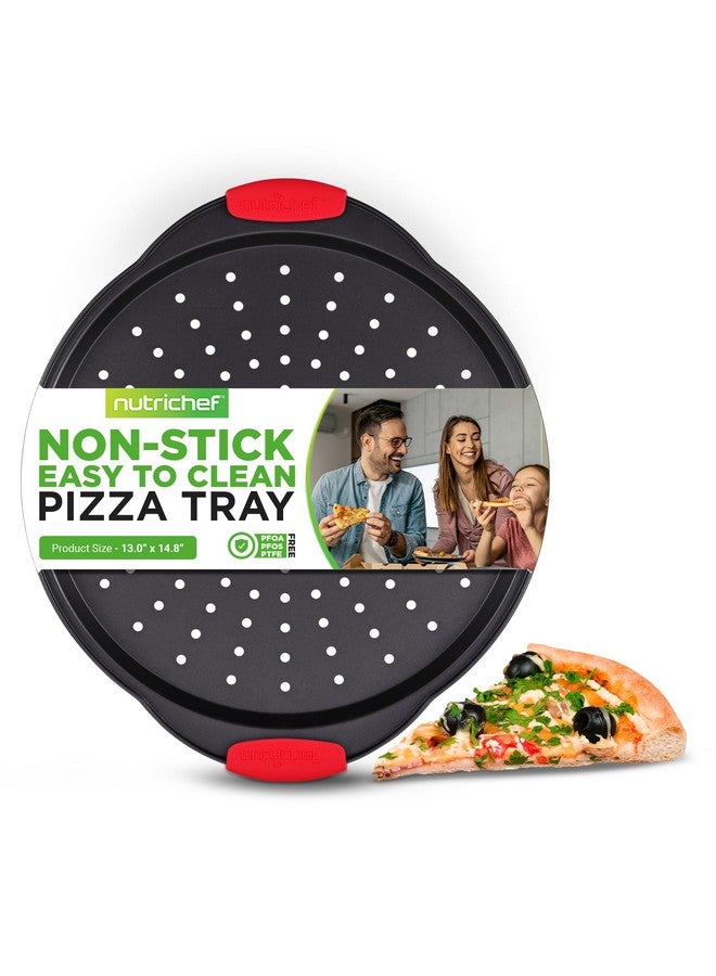 NutriChef 13-Inch Nonstick Pizza Tray - Round Carbon Steel Non-Stick Pizza Baking Pan with Perforated Holes, Premium Bakeware Pizza Screen with Silicone Grip Handles, Dishwasher Safe - NCBPIZ1 - Image 1