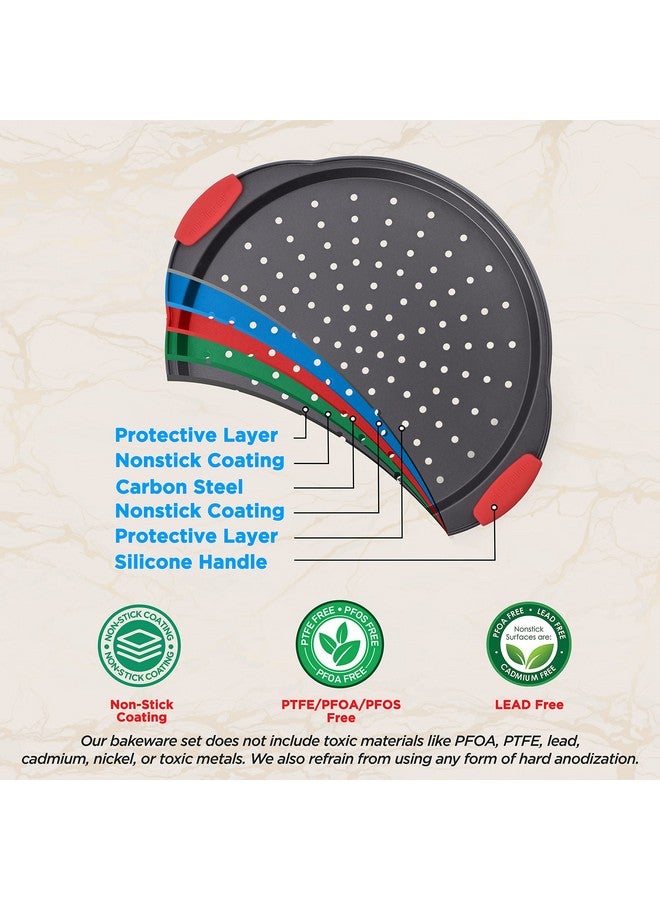 NutriChef 13-Inch Nonstick Pizza Tray - Round Carbon Steel Non-Stick Pizza Baking Pan with Perforated Holes, Premium Bakeware Pizza Screen with Silicone Grip Handles, Dishwasher Safe - NCBPIZ1 - Image 3