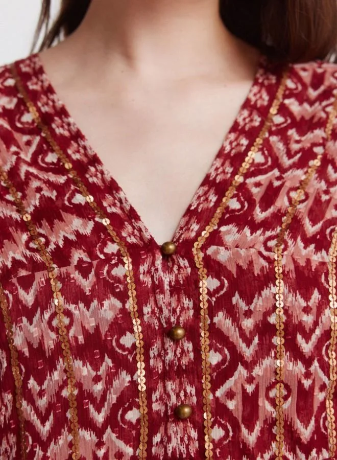 Springfield  Printed chiffon and sequin long sleeve short dress for Women | Best Price UAE