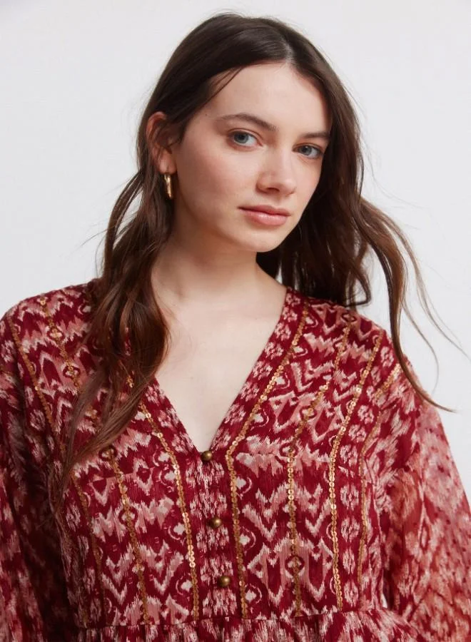 Springfield  Printed chiffon and sequin long sleeve short dress for Women | Best Price UAE