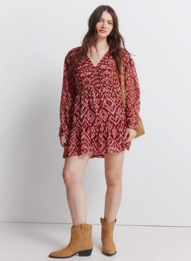Springfield Printed chiffon and sequin long sleeve short dress