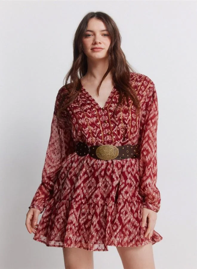 Springfield Printed chiffon and sequin long sleeve short dress