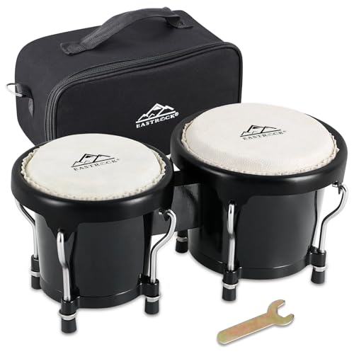 EASTROCK Bongo Drum 4” and 5” Bongos Set for Adults Beginners Professionals Tunable Wood Hand Drum Percussion Instruments With Tuning Wrench (Black) - Image 1