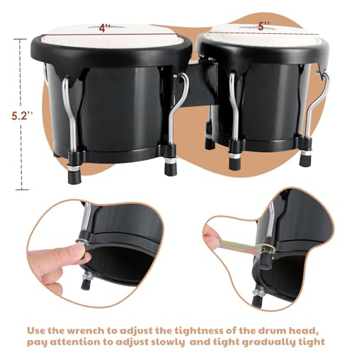 EASTROCK Bongo Drum 4” and 5” Bongos Set for Adults Beginners Professionals Tunable Wood Hand Drum Percussion Instruments With Tuning Wrench (Black) - Image 5