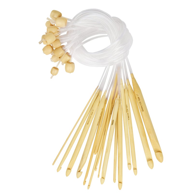 Curtzy Bamboo Wood Crochet Hooks with Plastic Cable 16 Pairs  212mm Sizes  Tunisian Hook Needles Set with Bead Ends  for Knitting Yarn Weave Craft and Crocheting Projects