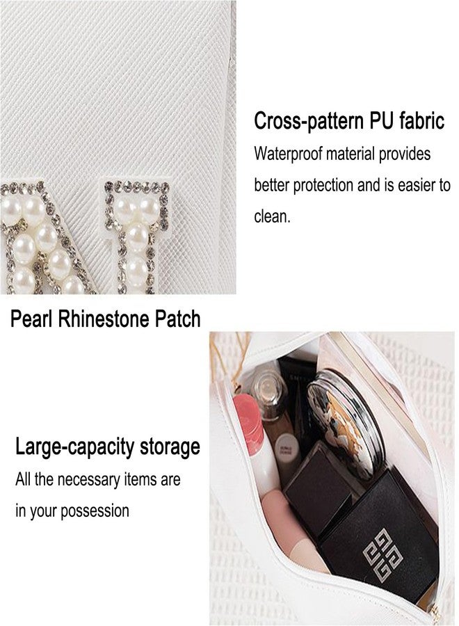 BLUPLE Bride Patch Letter Makeup Bag for Women Bridesmaid Engagement Gift for Her White Pearl Rhinestone Waterproof PU Travel Toiletry Bag Make Up Bag Pouch for Bridal Shower Gifts for Wedding - Image 3