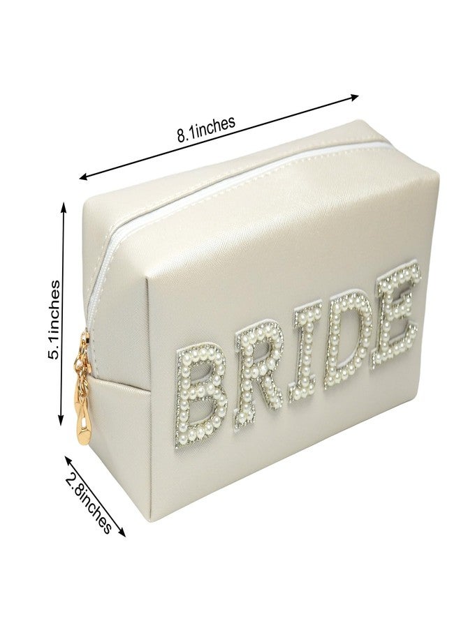 BLUPLE Bride Patch Letter Makeup Bag for Women Bridesmaid Engagement Gift for Her White Pearl Rhinestone Waterproof PU Travel Toiletry Bag Make Up Bag Pouch for Bridal Shower Gifts for Wedding - Image 5
