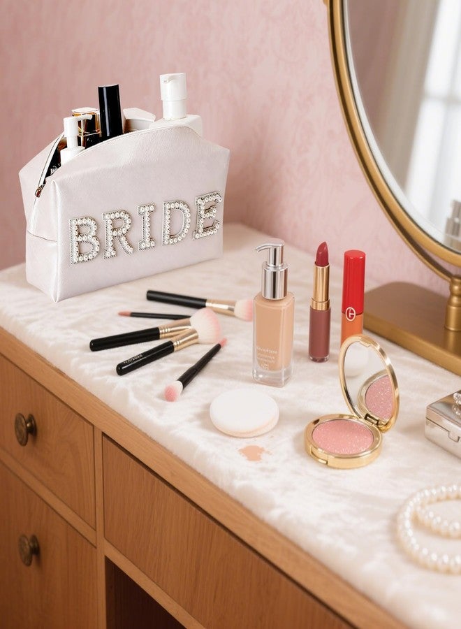 BLUPLE Bride Patch Letter Makeup Bag for Women Bridesmaid Engagement Gift for Her White Pearl Rhinestone Waterproof PU Travel Toiletry Bag Make Up Bag Pouch for Bridal Shower Gifts for Wedding - Image 2