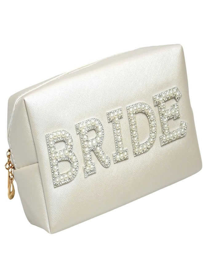 BLUPLE Bride Patch Letter Makeup Bag for Women Bridesmaid Engagement Gift for Her White Pearl Rhinestone Waterproof PU Travel Toiletry Bag Make Up Bag Pouch for Bridal Shower Gifts for Wedding - Image 1
